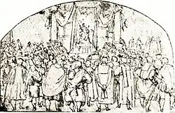 A seventeenth century sketch of a Polish king looking over his audience, from the perspective of behind the audience.
