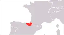 A map of Western Europe with the Basque Country highlighted in red.