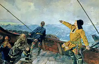 A painting depicting Leif Erikson spotting land in North America.