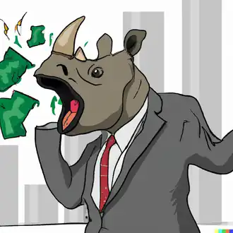 DALL·E Javan rhinoceros wearing a business suit screaming aloud with hands on the cheek while seeing the stock price crash as design on dollar note