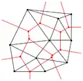 Connecting the centers of the circumcircles produces the Voronoi diagram (in red).
