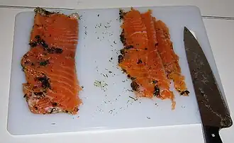 Serve thin slices of the cured salmon.