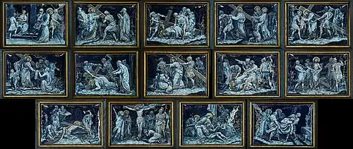 Stations of the Cross - a series of fourteen pictures or carvings representing successive incidents during Jesus' progress from his condemnation by Pilate to his crucifixion and burial, before which devotions are performed in many churches