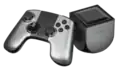 The Ouya console itself is small. Here it can be seen next to an Ouya controller.