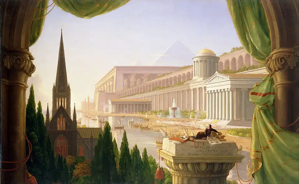 A painting showing a variety of worldwide architecture.