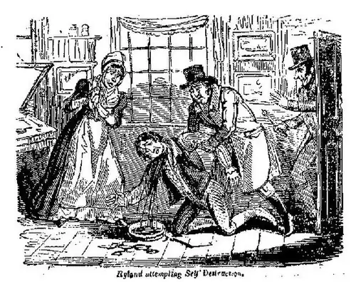 William Wynne Ryland attempting suicide. The Newgate Calendar. Date: 1783.