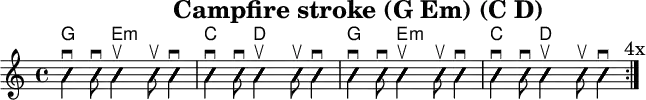 \version "2.20.0"
\header {
title="Campfire stroke (G Em) (C D)"
encoder="mjchael"
}
myChords = \new ChordNames { \chordmode {
g4. e8:m s2 c4. d8 s2
g4. e8:m s2 c4. d8 s2
}}
Lager_G_a = {
<g, b d>4 \downbow %1
<g b g'>8 \downbow %2
}
Lager_Em_b = {
<g b e'>4 \upbow %+
<g b e'>8 \upbow %+
<g b e'>4 \downbow %4
}
Lager_C_a = {
<e, c e>4 \downbow
<g c' e'>8 \downbow
}
Lager_D_b = {
<a d' fis'>4 \upbow
<a d' fis'>8 \upbow
<a d' fis'>4 \downbow
}
myRhythm = { \repeat volta 4 {
\Lager_G_a \Lager_Em_b \Lager_C_a \Lager_D_b
\Lager_G_a \Lager_Em_b \Lager_C_a \Lager_D_b
\mark "4x"
}}
\score { << %layout
% Chords
\myChords
% Slash Notation
\new Voice \with {
\consists "Pitch_squash_engraver"
}{
\set Staff.midiInstrument = "acoustic guitar (nylon)"
\improvisationOn
\override NoteHead.X-offset = 0
\myRhythm
}
>> \layout{} }
\score { << % midi
\unfoldRepeats {
\tempo 4 = 90
\time 4/4
\key d \major
\set Staff.midiInstrument = #"acoustic guitar (nylon)"
c4 b, a,
\myRhythm
<g, b, d g b g,>1 \downbow
}
>> \midi{} }
\paper {
indent=0\mm
line-width=180\mm
oddFooterMarkup=##f
oddHeaderMarkup=##f
% bookTitleMarkup=##f
scoreTitleMarkup=##f
}