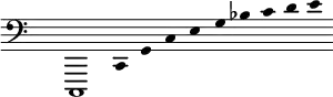 \new Staff {
\cadenzaOn \hide Staff.Stem \hide Staff.TimeSignature
\clef bass
c,,1 c,4 g, c e g bf c' d' e'
}