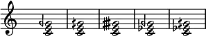 
\new Staff {
\hide Staff.TimeSignature \hide Staff.Stem \time 2/4
\accidentalStyle modern
\fixed c' {
<c e gqf>2 <c e gqs> <c e gtqs> <c ef gqf> <c ef gqs>
}}
