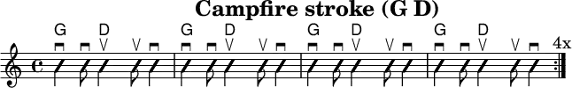 \version "2.20.0"
\header {
title="Campfire stroke (G D)"
encoder="mjchael"
}
myChords = \new ChordNames { \chordmode {
g4. d8 s2 g4. d8 s2
g4. d8 s2 g4. d8 s2
}}
Lager_G_a = {
<g, b d>4 \downbow %1
<g b g'>8 \downbow %2
}
Lager_D_b = {
<a d' fis'>4 \upbow
<a d' fis'>8 \upbow
<a d' fis'>4 \downbow
}
myRhythm = { \repeat volta 4 {
\Lager_G_a \Lager_D_b \Lager_G_a \Lager_D_b
\Lager_G_a \Lager_D_b \Lager_G_a \Lager_D_b
\mark "4x"
}}
\score { << %layout
% Chords
\myChords
% Slash Notation
\new Voice \with {
\consists "Pitch_squash_engraver"
}{
\set Staff.midiInstrument = "acoustic guitar (nylon)"
\improvisationOn
\override NoteHead.X-offset = 0
\myRhythm
}
>> \layout{} }
\score { << % midi
\unfoldRepeats {
\tempo 4 = 90
\time 4/4
\key d \major
\set Staff.midiInstrument = #"acoustic guitar (nylon)"
c4 b, a,
\myRhythm
<g, b, d g b g,>1 \downbow
}
>> \midi{} }
\paper {
indent=0\mm
line-width=180\mm
oddFooterMarkup=##f
oddHeaderMarkup=##f
% bookTitleMarkup=##f
scoreTitleMarkup=##f
}