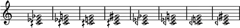 
\new Staff {
\hide Staff.TimeSignature \hide Staff.Stem \time 2/4
\accidentalStyle modern
\fixed c' {
<cqs ef gf>2 <cqs ef g> <cqs e g> <cqs e gs> <cqf ef gf> <cqf ef g> <cqf e g> <cqf e gs>
}}

