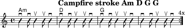 \version "2.20.0"
\header {
title="Campfire stroke Am D G G"
encoder="mjchael"
}
myChords = \new ChordNames { \chordmode {
a1:m d g s
}}
Lager_Am = {
<e, a, e>4 \downbow
<a c' e'>8 \downbow
<a c' e'>4 \upbow
<a c' e'>8 \upbow
<a c' e'>4 \downbow
}
Lager_D = {
< a, d>4 \downbow
<a d' fis'>8 \downbow
<a d' fis'>4 \upbow
<a d' fis'>8 \upbow
<a d' fis'>4 \downbow
}
Lager_G = {
<g, b d>4 \downbow %1
<g b g'>8 \downbow %2
<g b g'>4 \upbow
<g b g'>8 \upbow
<g b g'>4 \downbow
}
myRhythm = { \repeat volta 4 {
\Lager_Am \Lager_D \Lager_G \Lager_G
\mark "4x"
}}
\score { << %layout
% Chords
\myChords
% Slash Notation
\new Voice \with {
\consists "Pitch_squash_engraver"
}{
\set Staff.midiInstrument = "acoustic guitar (nylon)"
\improvisationOn
\override NoteHead.X-offset = 0
\myRhythm
}
>> \layout{} }
\score { << % midi
\unfoldRepeats {
\tempo 4 = 90
\time 4/4
\key d \major
\set Staff.midiInstrument = #"acoustic guitar (nylon)"
\myRhythm
<g, b, d g b g,>1 \downbow
}
>> \midi{} }
\paper {
indent=0\mm
line-width=180\mm
oddFooterMarkup=##f
oddHeaderMarkup=##f
% bookTitleMarkup=##f
scoreTitleMarkup=##f
}
