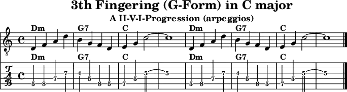 \version "2.20.0"
\header {
title="3th Fingering (G-Form) in C major"
subtitle="A II-V-I-Progression (arpeggios)"
}
%% Diskant- bzw. Melodiesaiten
Diskant = \relative c {
\set TabStaff.minimumFret = #4
\set TabStaff.restrainOpenStrings = ##t
\key c \major
d4^\markup { \bold {Dm} } f a d |
b^\markup { \bold {G7} } g f d |
e^\markup { \bold {C} } g c2~ | c1 |
d,4^\markup { \bold {Dm} } f a d |
b^\markup { \bold {G7} } g f d |
e^\markup { \bold {C} } g c2~ | c1
\bar "|."
}
%% Layout- bzw. Bildausgabe
\score {
<<
\new Voice {
\clef "treble_8"
\time 4/4
\tempo 4 = 120
\set Score.tempoHideNote = ##t
\Diskant
}
\new TabStaff { \tabFullNotation \Diskant }
>>
\layout {}
}
%% Midiausgabe mit Wiederholungen, ohne Akkorde
\score {
<<
\unfoldRepeats {
\new Staff <<
\tempo 4 = 120
\time 4/4
\set Staff.midiInstrument = #"acoustic guitar (nylon)"
\clef "G_8"
\Diskant
>>
}
>>
\midi {}
}
%% unterdrückt im raw="!"-Modus das DinA4-Format.
\paper {
indent=0\mm
%% DinA4 = 210mm - 10mm Rand - 20mm Lochrand = 180mm
line-width=180\mm
oddFooterMarkup=##f
oddHeaderMarkup=##f
% bookTitleMarkup=##f
scoreTitleMarkup=##f
}
