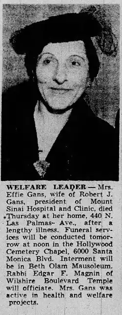 Newspaper clipping with portrait of Effie Gans and text about arrangements for her funeral