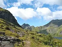 Road from Å village to Lofotodden national park along lake Ågvatnet