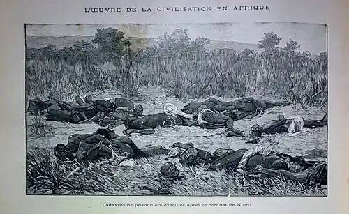 Émile Tilly, "Corpses of prisoners executed after the battle of Nioro", engraving from a Joannès Barbier photograph, in “The work of civilization in Africa”, L'Illustration, no. 2511, April 11, 1891.