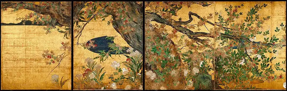 Maple, colour on gold paper, at Chishaku-in, Kyoto (1593), National Treasure.
