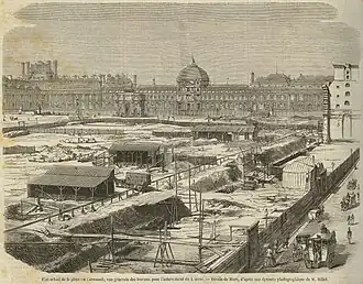 The North (Richelieu) Wing under construction, with the Pavillon de Flore and the Tuileries in the background