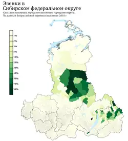 Settlement of Evenks in the Siberian Federal District by urban and rural settlements in%, 2010 census