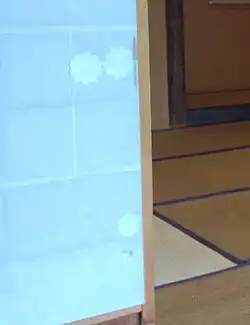 Shoji with three many-petalled flower cutouts in the same paper pasted on; an additional small dent has not yet been patched. All holes are in the hikite (doorpull) area; there is no hikite.