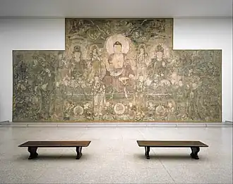 Pure Land of Bhaisajyaguru (Yaoshi fo). This dry fresco was originally housed in Guangsheng Temple. Currently in Metropolitan Museum of Art, New York, United States
