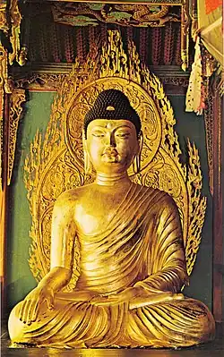 National Treasure no. 45. Seated Amitabha, clay, 2.78&nbsp;m. Buseok Temple.