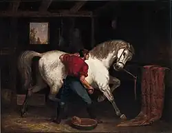 Oil painting of a horse groom, with his back to the viewer, brushing a large, white horse that is pawing the ground and turning to look at the groom.