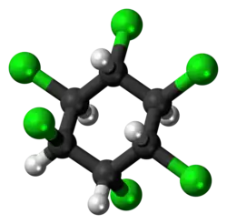 Ball-and-stick model of the alpha-(-)-hexachlorocyclohexane molecule