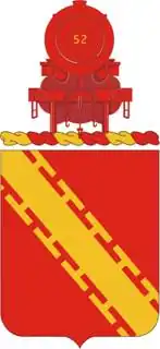 Arms of the US 52nd Air Defense Artillery Regiment, with a locomotive as a crest