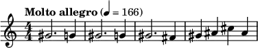 \relative c'' { \set Staff.midiInstrument = #"trombone" \clef treble \numericTimeSignature \time 4/4 \tempo "Molto allegro" 4 = 166 gis2. g4 | gis2. g4 | gis2. fis4 | gis ais cis ais }