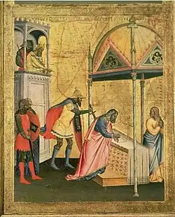The Martyrdom of St. Matthew, with St. Iphigenia of Ethiopia on the right. (Altarpiece of St. Matthew, c.1367-70).