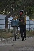 A woman pushing a bicycle near Kangso, 2015