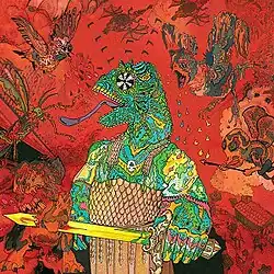 A highly stylized illustration of an iguana-like creature holding a sword and wearing armor with scales. Behind it is a mostly red background featuring birds and small, flying, imp-like creatures.