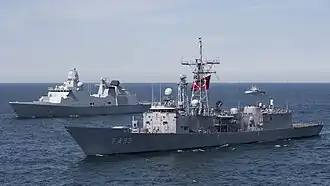 HDMS Iver Huitfeldt alongside TCG&nbsp;Gediz during BALTOPS 2018.