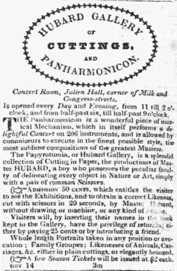 Advertisement for Hubard Gallery of Cuttings, and Panharmonicon, 1825