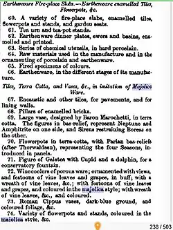 1851 Exhibition Catalogue, Minton Exhibit Numbers 60 to 74. Majolica refers to Renaissance Italian maiolica.