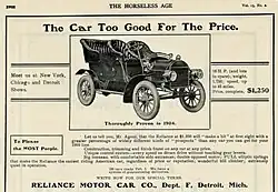 1904 Reliance Model Two Touring car advertisement in the Horseless Age magazine