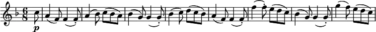 \new Score {
\new Staff {
\relative c'' {
\time 6/8
\key f \major
\clef treble
\set Score.tempoHideNote = ##t
\tempo 4. = 120
\partial 8 c8\p | a4( f8) f4( f8-.) | a4( bes8) c( bes a) | bes4( g8) g4( g8-.) | bes4( c8) d( c bes) |
a4( f8) f4( f8-.) | f'4( f8-.) e( d c) | bes4( g8) g4( g8-.) | g'4( f8) e( d c) |
}
}
}