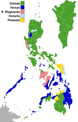 Provinces where Estrada (running mate of Cojuangco) won at least a plurality are in dark green. Marcos' running mate Vicente Magsaysay won no provinces.