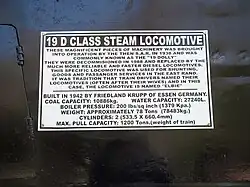 The information board for the Class 19D locomotive on display in the park