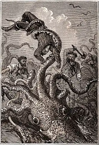 Cephalopod-like sea monster in Jules Verne's Twenty Thousand Leagues Under the Seas drawn by Alphonse de Neuville, 1871