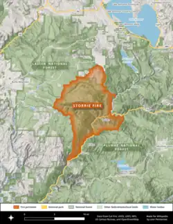 A map of the Storrie Fire, showing its spread northeast up the Feather River Canyon through Plumas and Lassen National Forests.