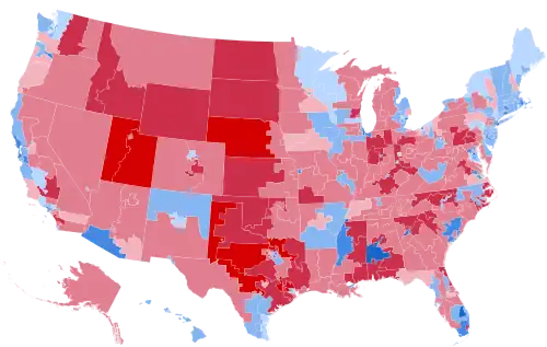 Results by congressional district, shaded according to winning candidate's percentage of the vote