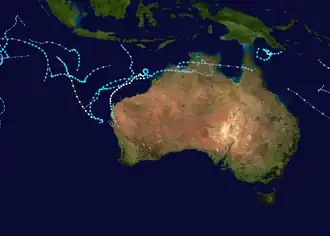 A map of the tracks of all the storms of the 2007–08 Australian region cyclone season.