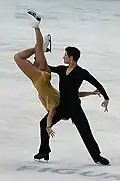 An ice dancing lift with the lifting partner in an Ina Bauer position (Tessa Virtue & Scott Moir)