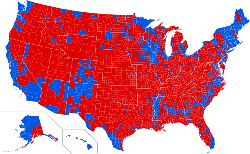 Results by county.[b] Blue denotes counties that went to Obama; red denotes counties that went to Romney. Hawaii, Massachusetts, Rhode Island, and Vermont had all counties go to Obama. Oklahoma, Utah, and West Virginia had all counties go to Romney.