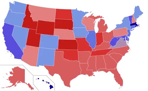 Upper house seats by party holding majority in each state Republican&nbsp;&nbsp;50–60%&nbsp;