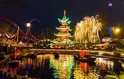 Tivoli Gardens Chinese tower and boating lake