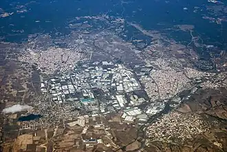 Aerial view of the industrial area between the towns of Kapaklı (upper left), Karaağaç (lower left), Çerkezköy (right), and Kızılpınar (lower right)