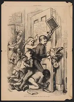 "Wolf at the Door, Gaunt and Hungry." Don't let him in. Thomas Nast cartoon against both Samuel Tilden and the Roman Catholic Church (i.e. If the Democrat Tilden was elected President the Public School system would be "Endangered" by the Roman Catholic Church.) Published in Harper's Weekly, September 16, 1876
